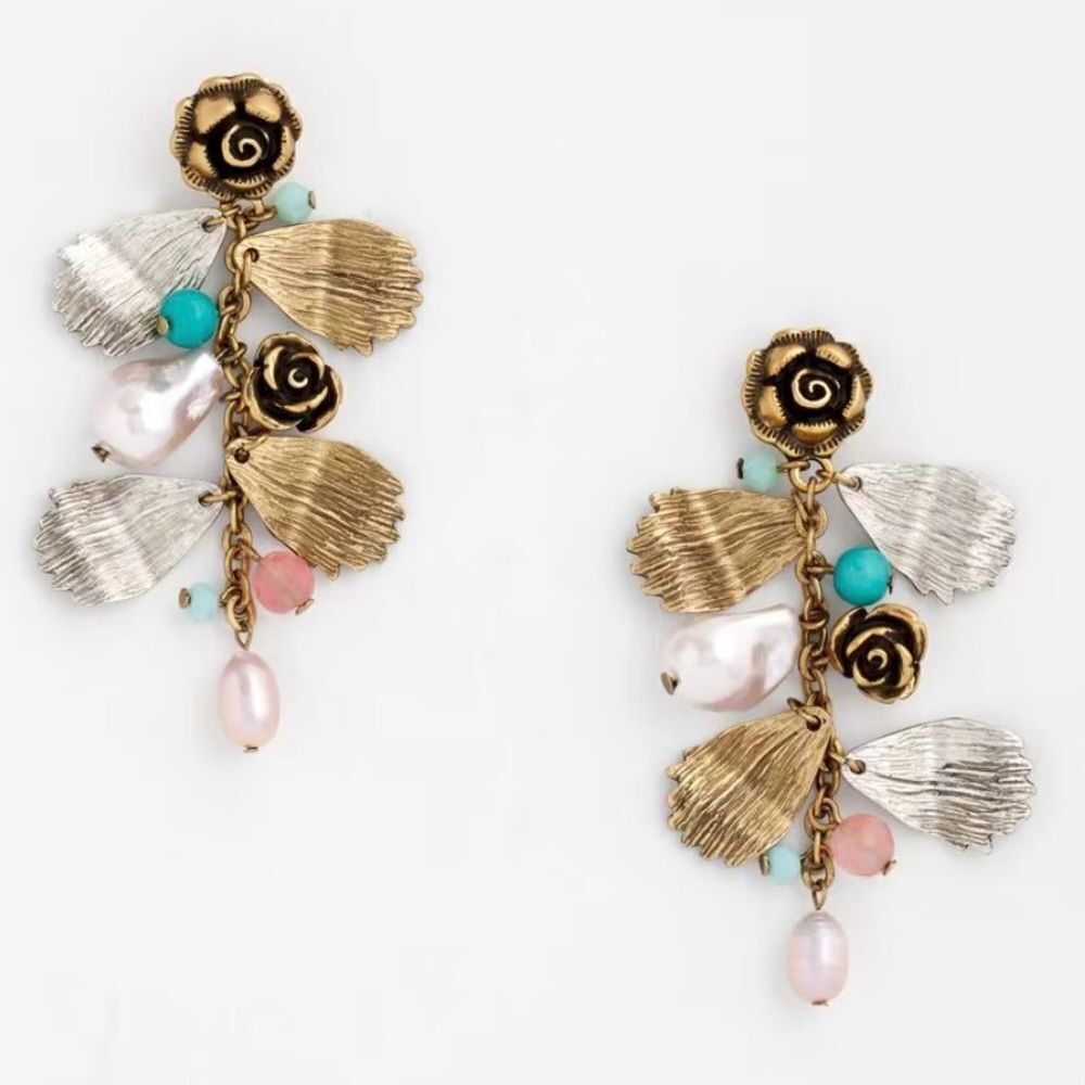 Chico's Floral Fresh Water Pearl Charm Post Earrings NWT Lightweight